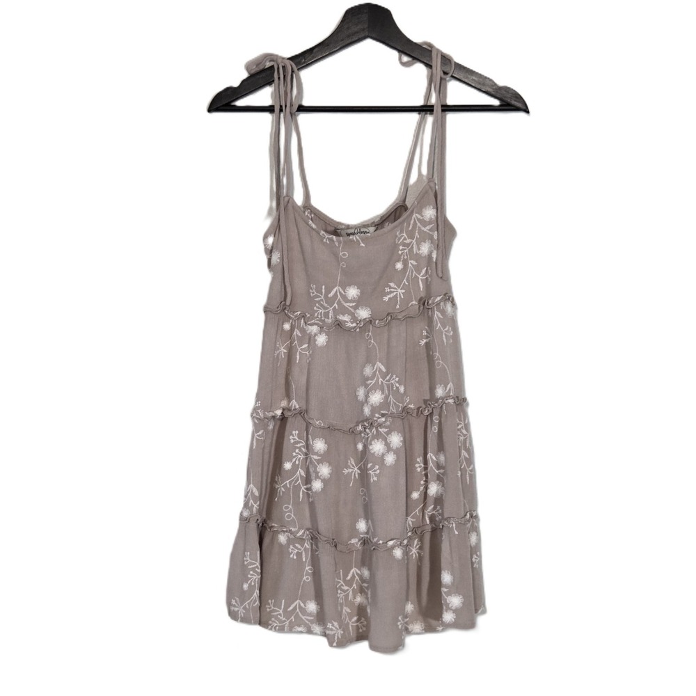 Embroidered Ruffle Tiered Mini Baby Doll Dress w/Tie Straps & Pockets Size XS